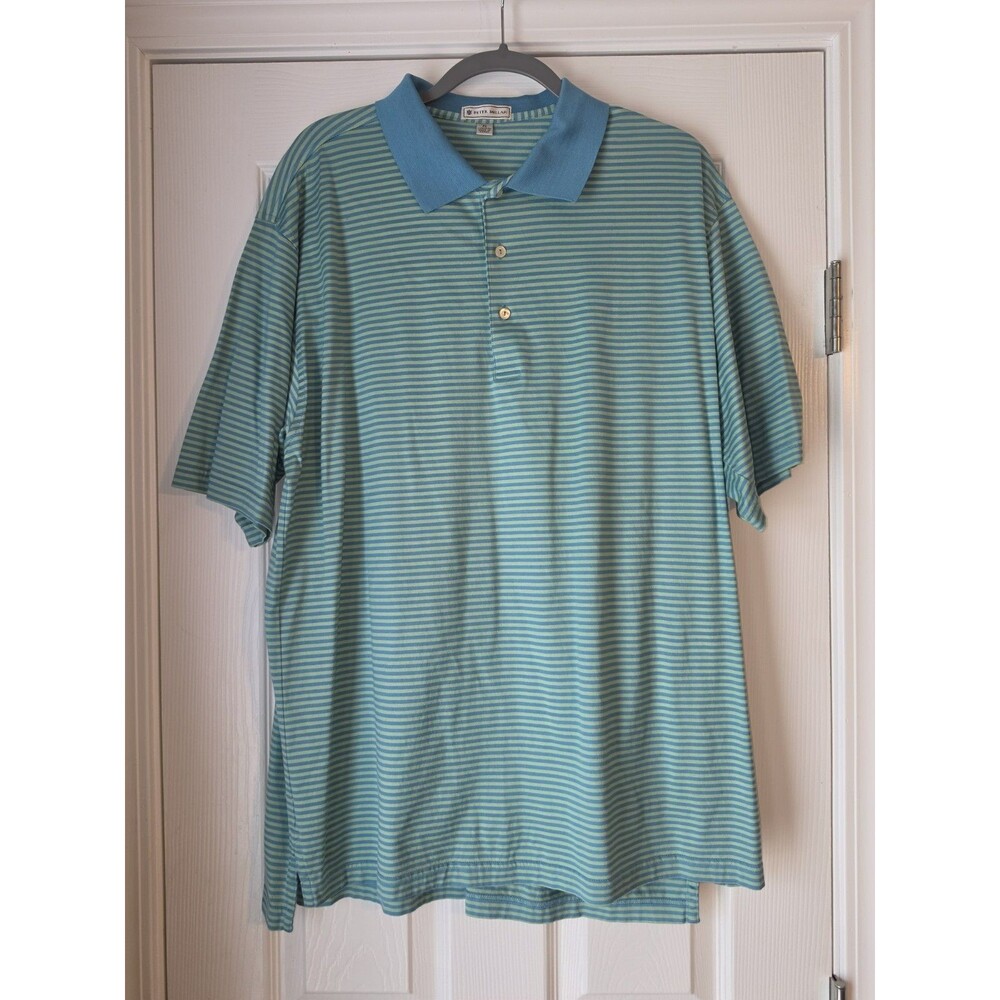 Peter Millar Mens XL Golf Polo Shirt-Turquoise Blue Stripe-100% Cotton